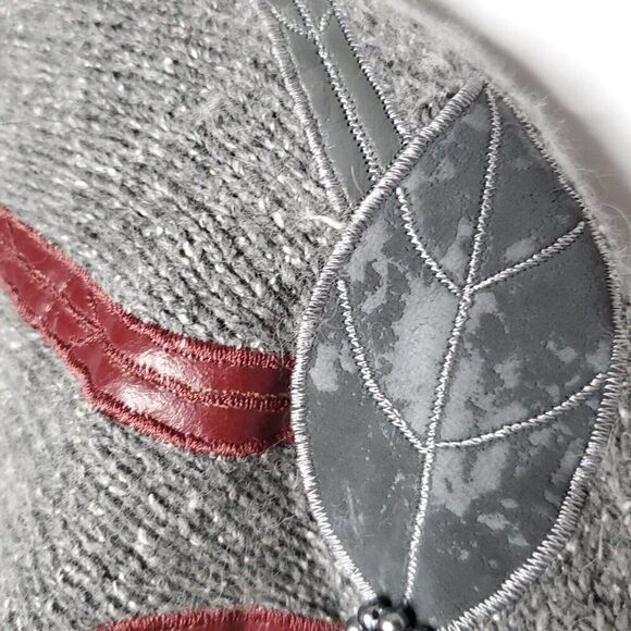 80s Silk Angora Pullover Sweater L Dolman Faux Leather Bead Floral Leaf Gray Red - Picture 3 of 8